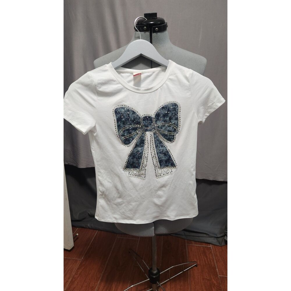 Girls Sequin Trim Denim-Effect Bow Graphic White T-Shirt, Size 14